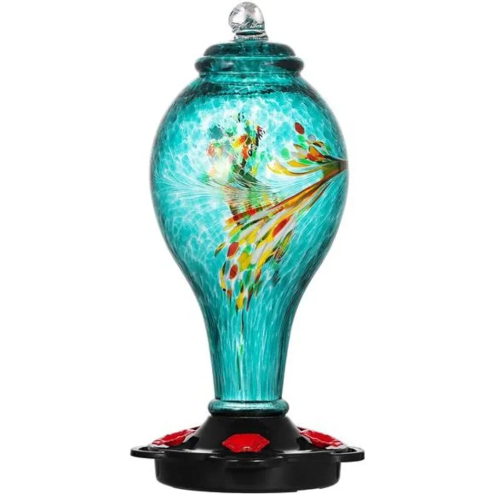 Hummingbird Feeder, Hand Blown Glass Hummingbird Feeder, Never Fade, 36 Ounces